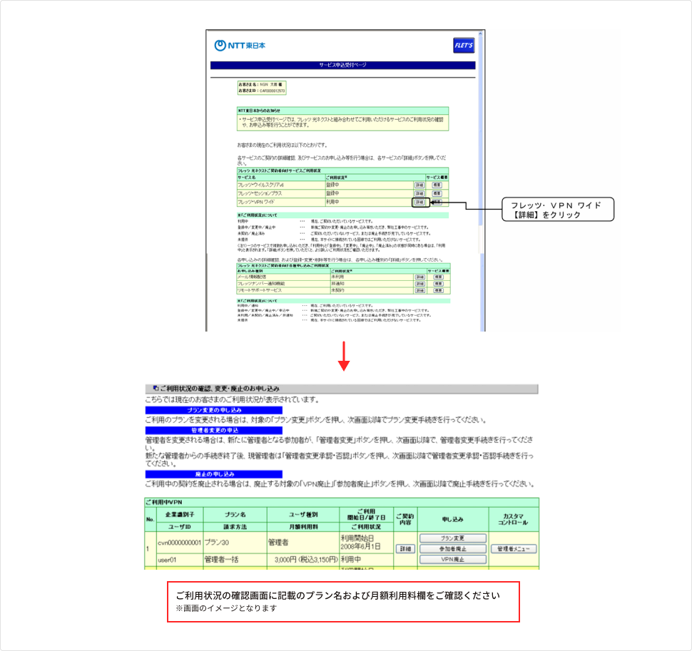 サービス申込受付ページの表示例。ご利用状況の確認画面に記載のプラン名および月額利用料欄をご確認ください