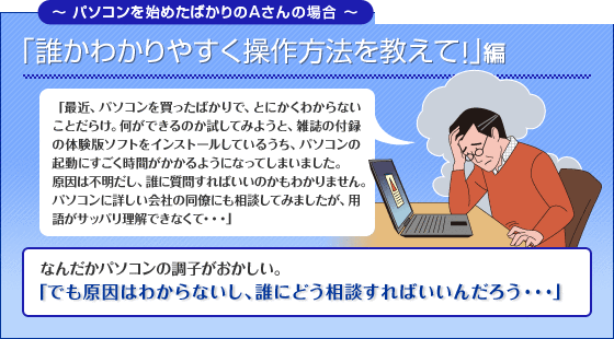 パソコンを始めたばかりのAさんの場合 「誰かわかりやすく操作方法を教えて！」編 「最近、パソコンを買ったばかりで、とにかくわからないことだらけ。何ができるのか試してみようと、雑誌の付録の体験版ソフトをインストールしているうち、パソコンの起動にすごく時間がかかるようになってしまいました。 原因は不明だし、誰に質問すればいいのかもわかりません。パソコンに詳しい会社の同僚にも相談してみましたが、用語がサッパリ理解できなくて・・・」 なんだかパソコンの調子がおかしい。「でも原因はわからないし、誰にどう相談すればいいんだろう・・・