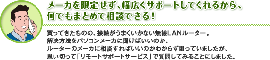 メーカを限定せず、幅広くサポートしてくれるから、何でもまとめて相談できる！
買ってきたものの、接続がうまくいかない無線LANルーター。
解決方法をパソコンメーカに聞けばいいのか、ルーターのメーカに相談すればいいのかわからず困っていましたが、思い切って「リモートサポートサービス」で質問してみることにしました。